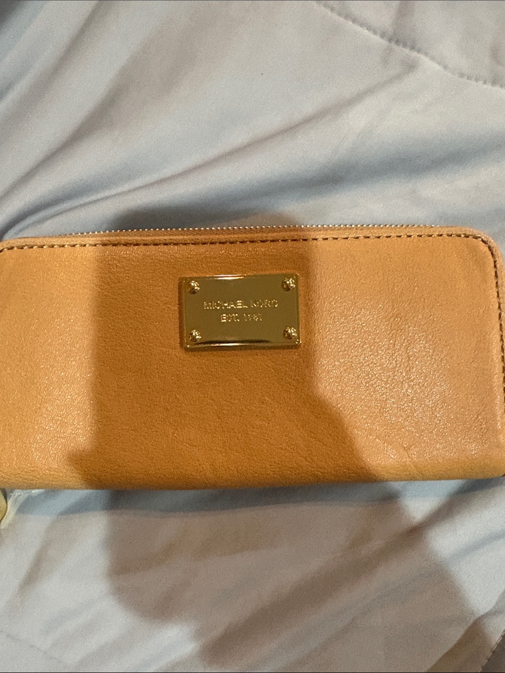 Michael Kors Camel Leather Zip Card Holder with Gold Plaque